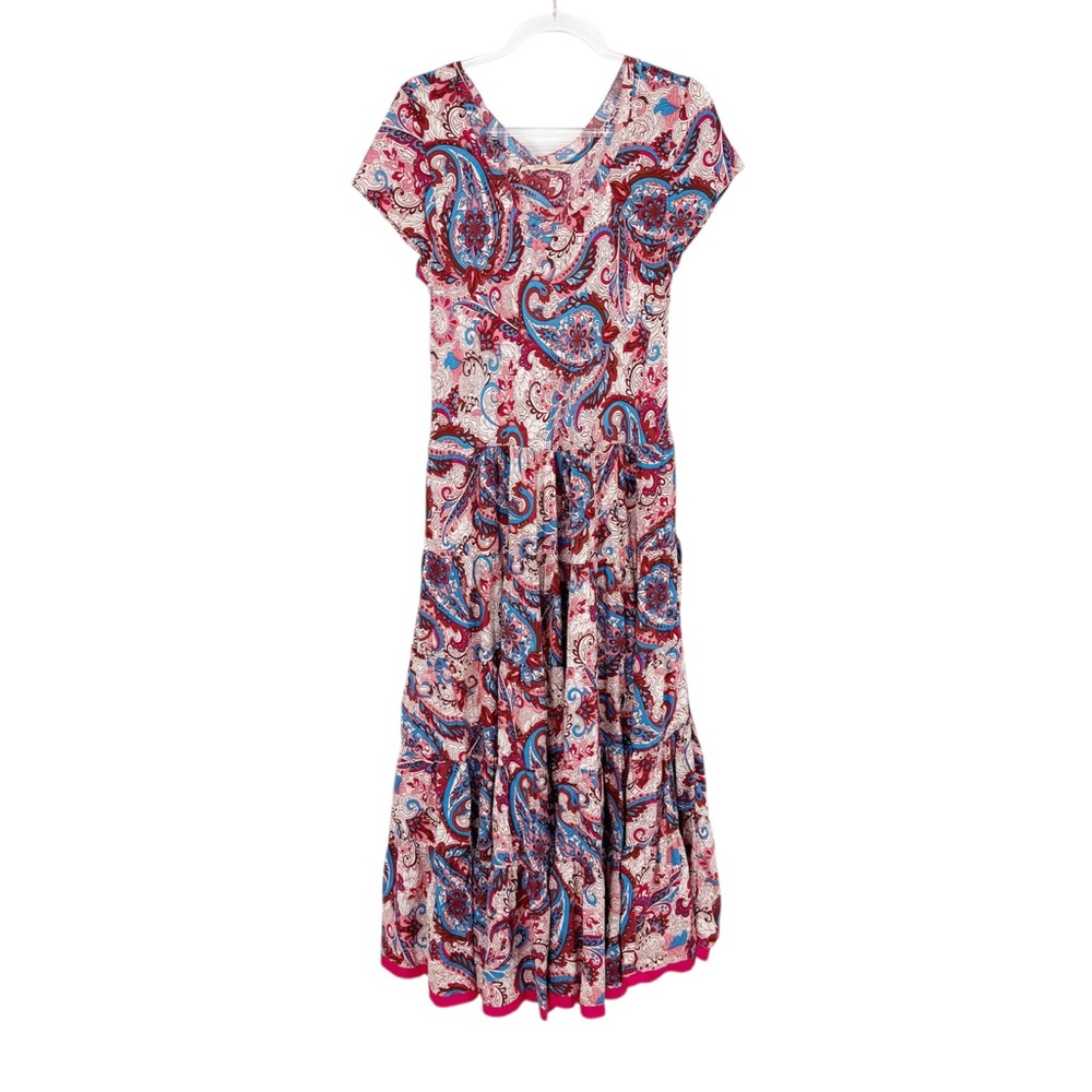 Soft Surroundings Kara Maxi Dress Short Sleeve Tiered Framboise Paisley, Medium - Picture 4 of 15